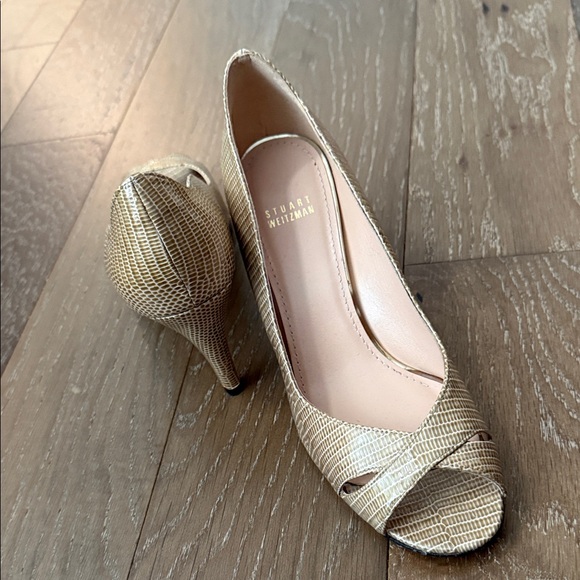 Stuart Weitzman Textured Tan Peep-Toe Heels New - Picture 4 of 9